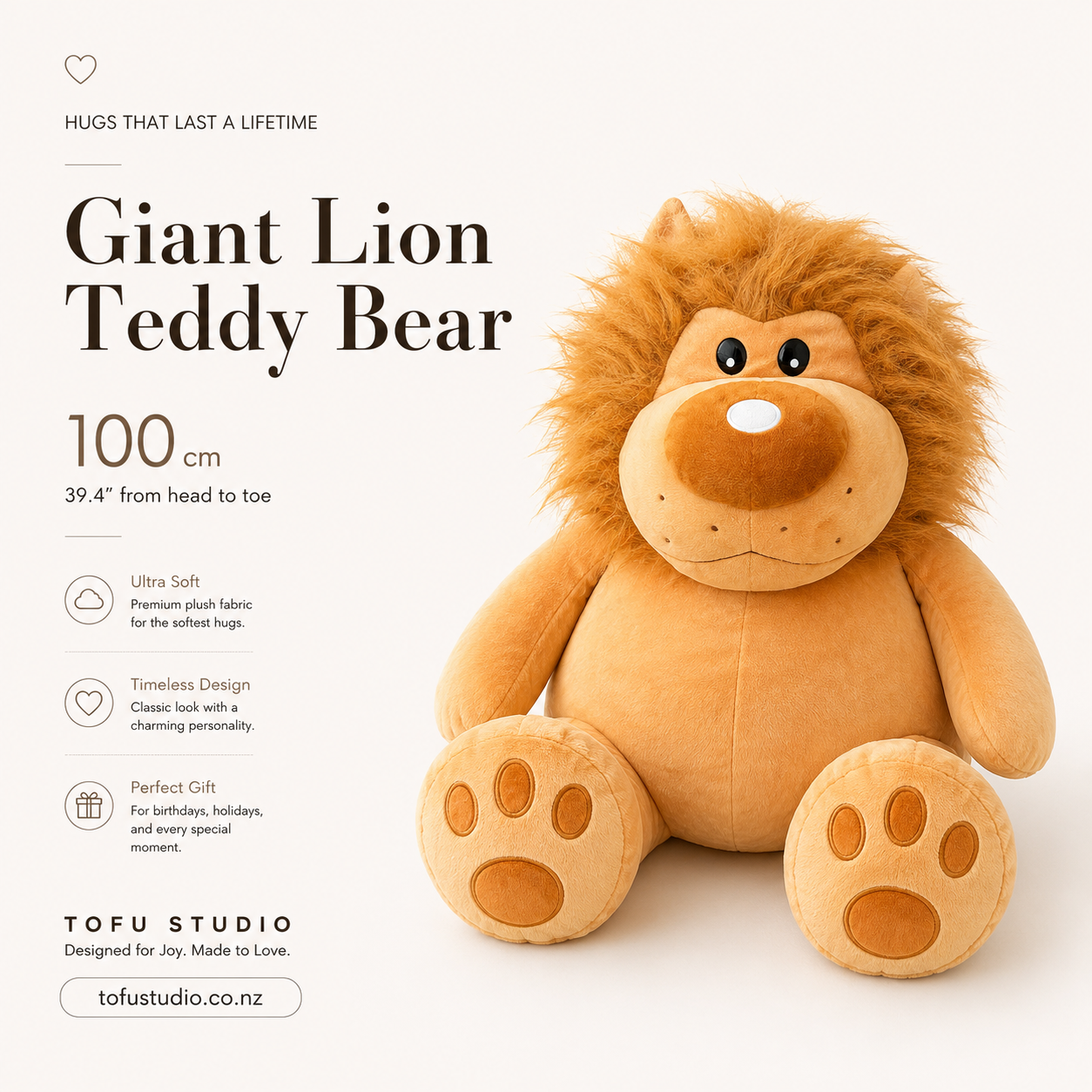 100cm Giant Plush Lion Soft Stuffed Animal Sitting Height 60cm Premium Gift