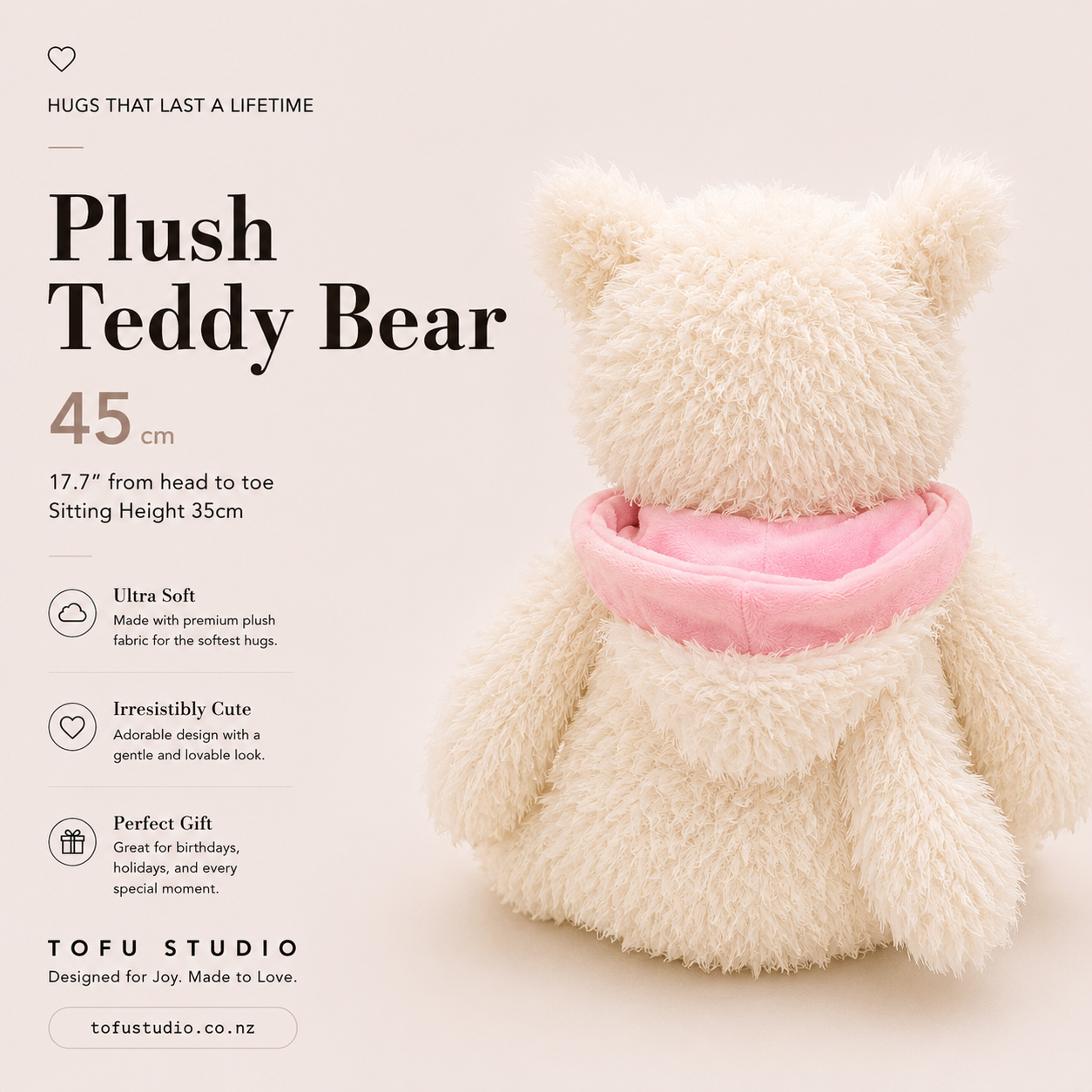 45cm Plush Teddy Bear with Hoodie Soft Stuffed Animal Sitting Height 35cm 96395a
