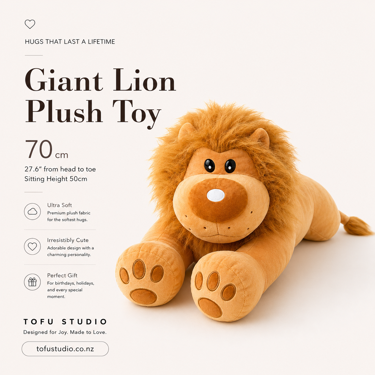 70cm Giant Plush Lion Soft Stuffed Animal Sitting Height 50cm Premium 97094B