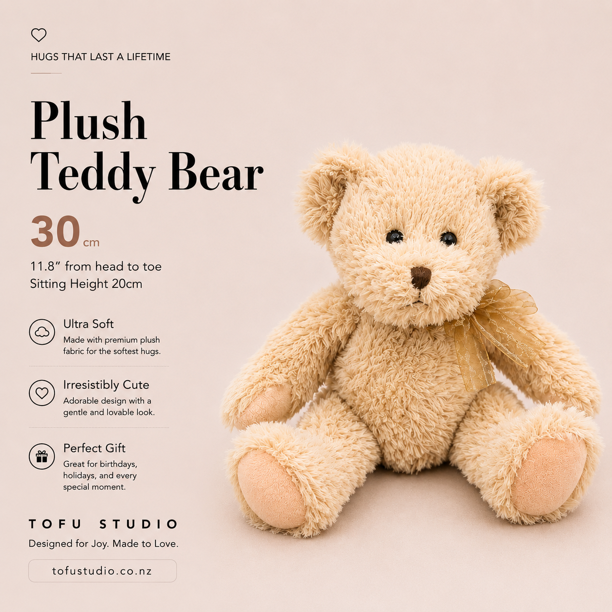 30cm Plush Teddy Bear Soft Stuffed Animal Cute Gift Toy Beige Teddy 91105-7