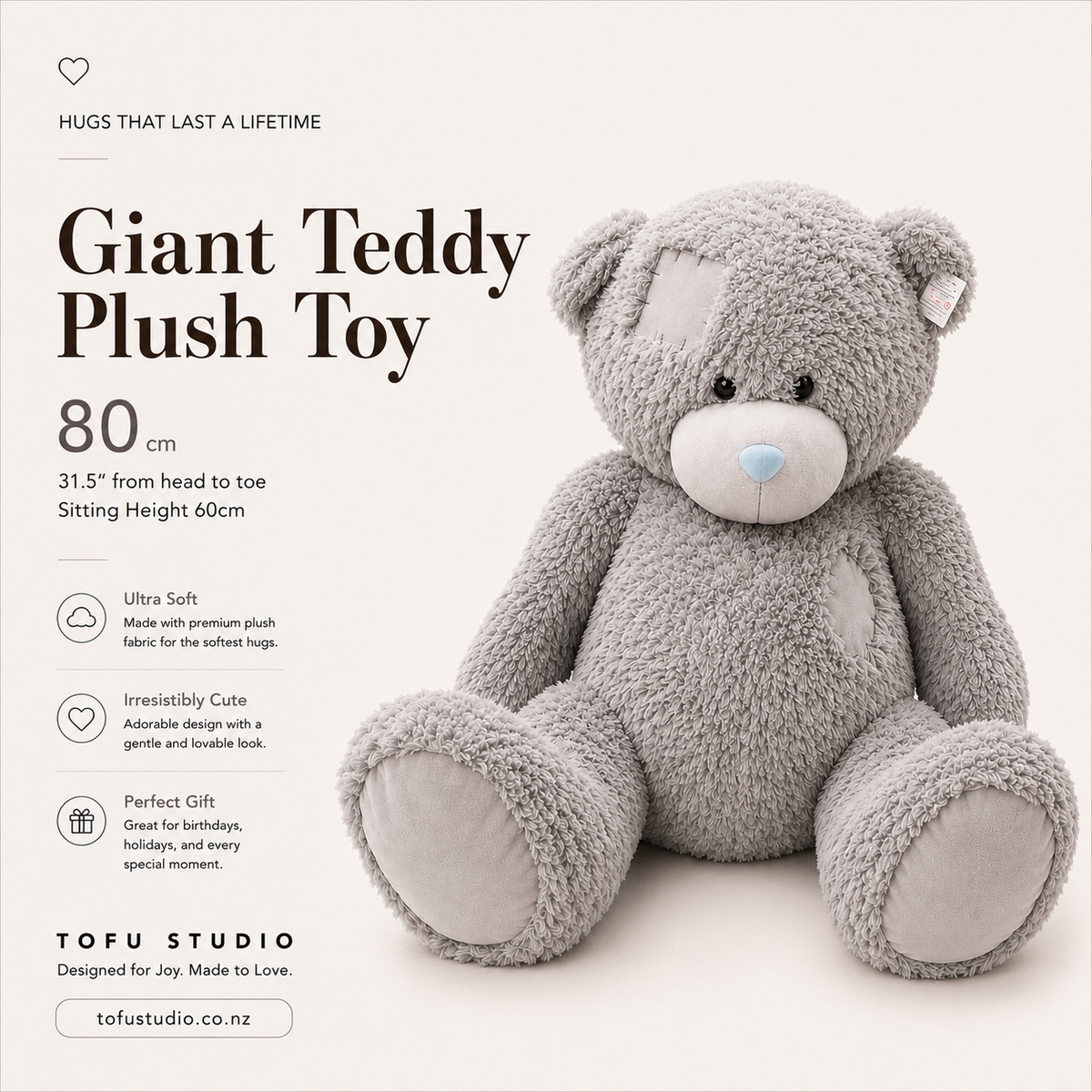 80cm Giant Grey Teddy Bear Plush Toy Sitting Height 60cm Premium JC2017/58