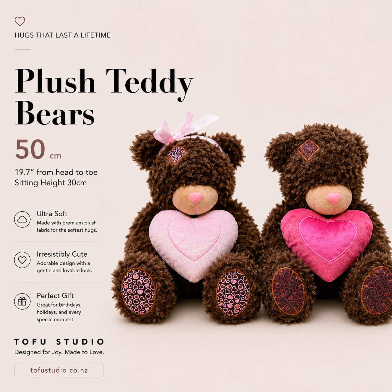 2 Pack 50cm Plush Teddy Bears with Heart Pillow Soft Stuffed Toy Gift JC94815A