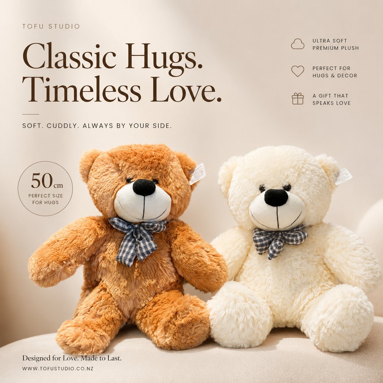 50cm Plush Teddy Bear | Super Soft | Perfect Gift | Cream or Caramel