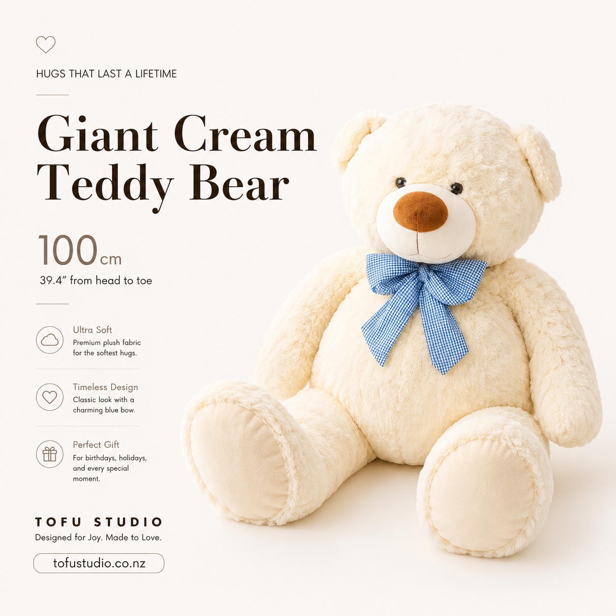 Giant Teddy Bear – 100cm | Sitting Height 70cm | Super Soft Plush Toy