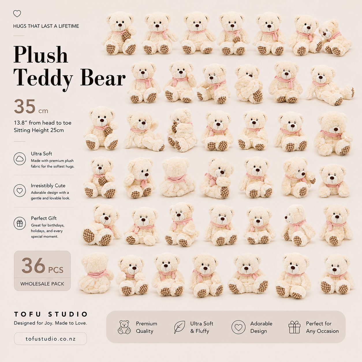36 x 35cm Plush Teddy Bear Soft Stuffed Animal Sitting Height 25cm Premium 91361B