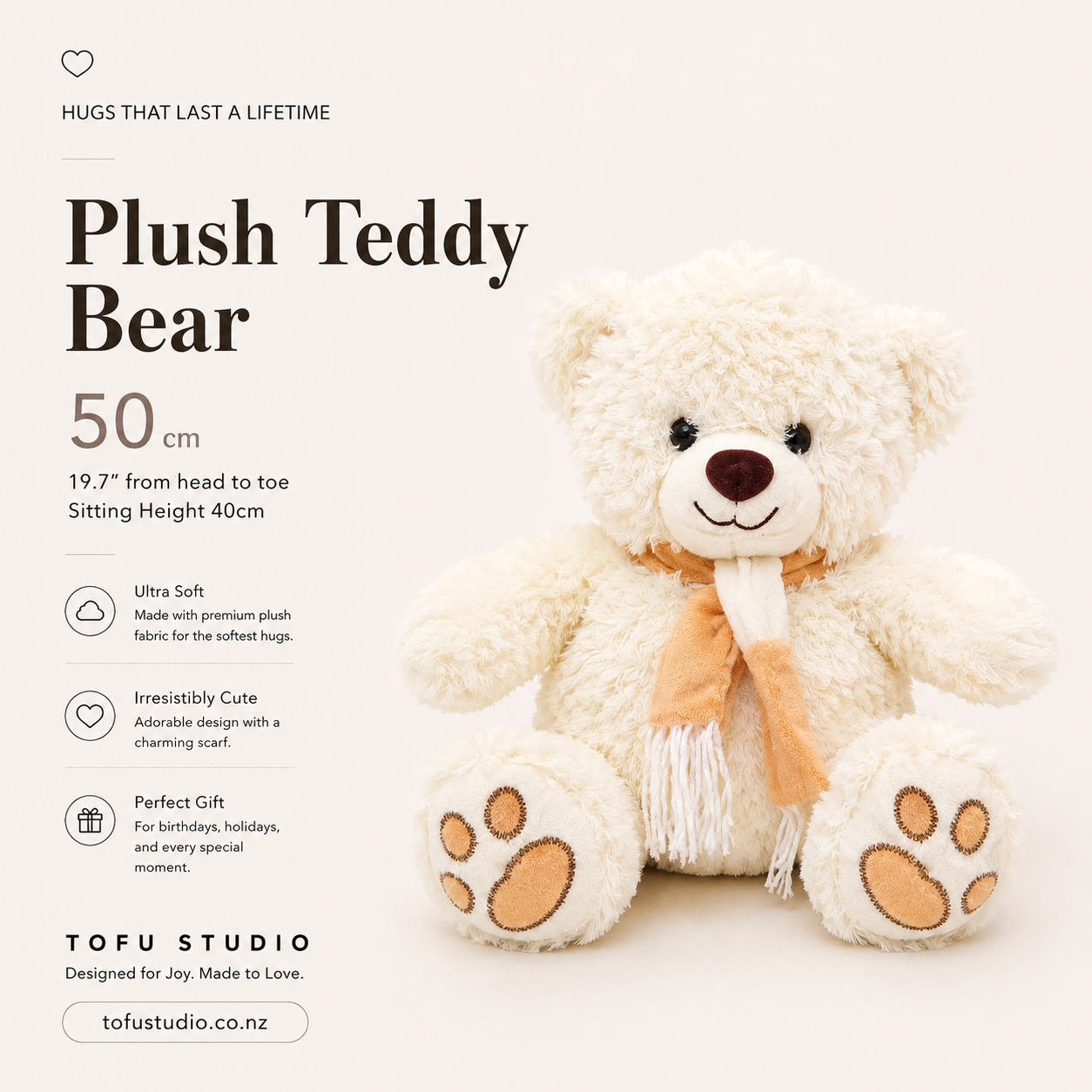 50cm Plush Teddy Bear Soft Stuffed Animal Sitting Height 40cm Premium 94798c