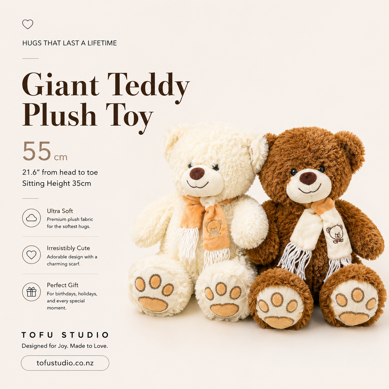 55cm Plush Teddy Bear Soft Stuffed Animal Sitting Height 35cm Premium JC94798C