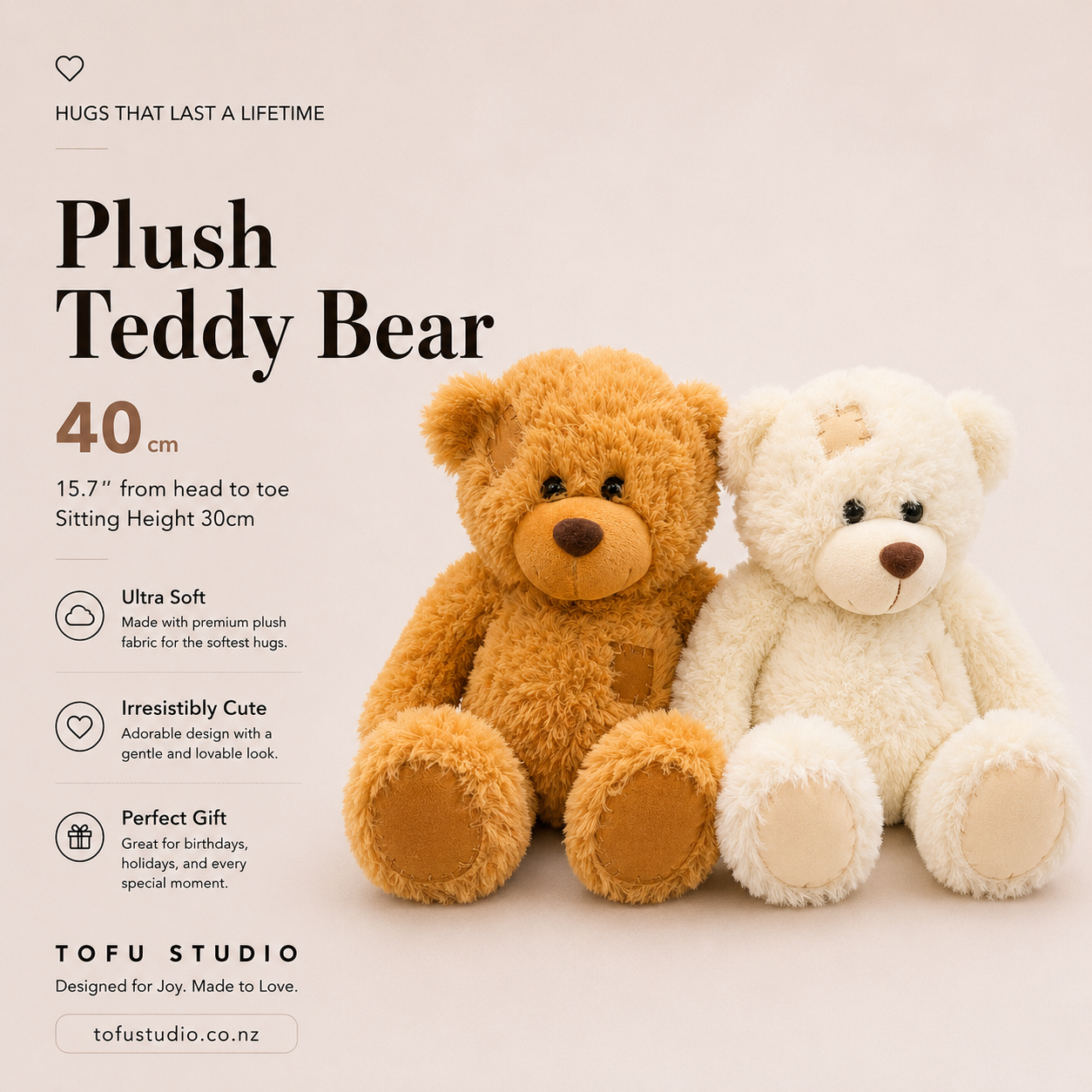 2x 40cm Plush Teddy Bear Soft Stuffed Animal Brown White JC2017AH