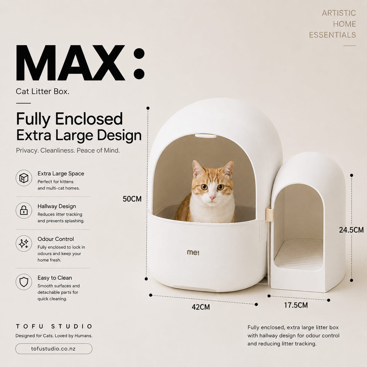 Extra Large Fully Enclosed Cat Litter Box with Hallway Design Odour Control