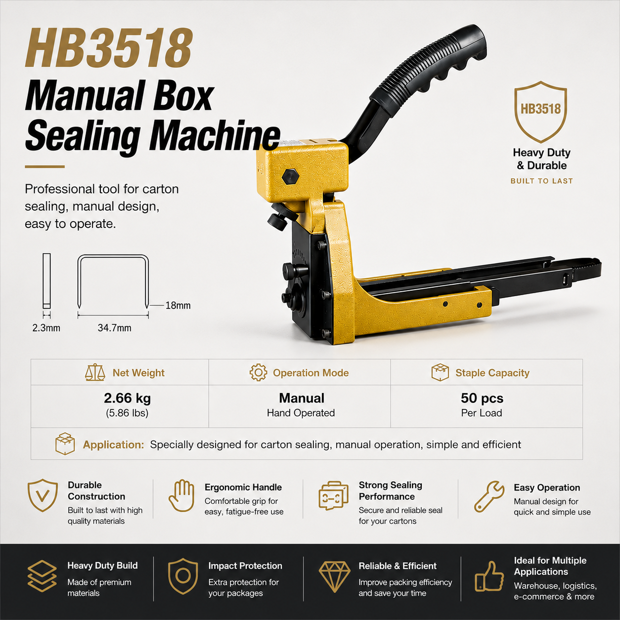 Heavy Duty Manual Carton Stapler HB3518 – 34.7mm Carton Closing Stapler