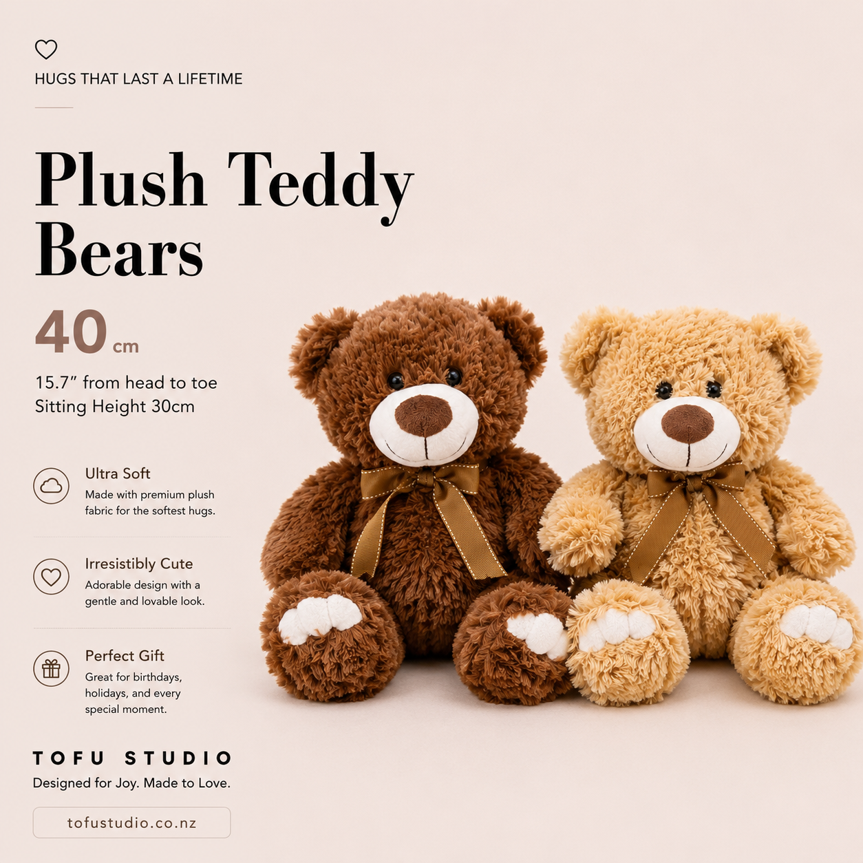 40cm Plush Teddy Bear Set Brown and Beige Soft Stuffed Toy Pair Gift JC081123